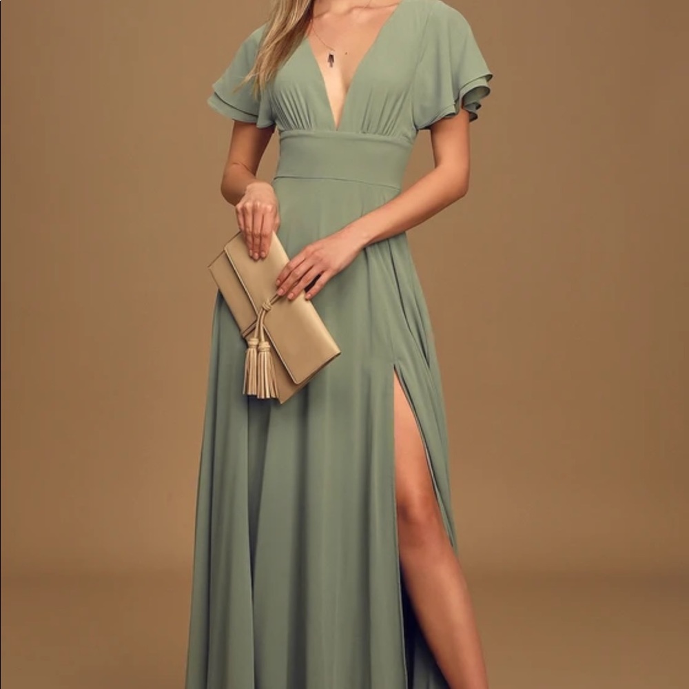Lulu’s Promise of Love Sage Brush Flutter Sleeve Bridesmaid Dress